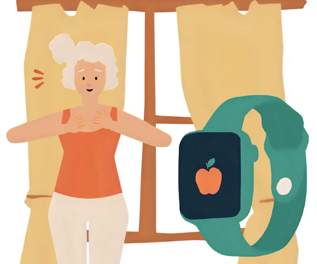 今からウォーキングに行くのでスマートウォッチで心拍数を図ろうとしている60代女性