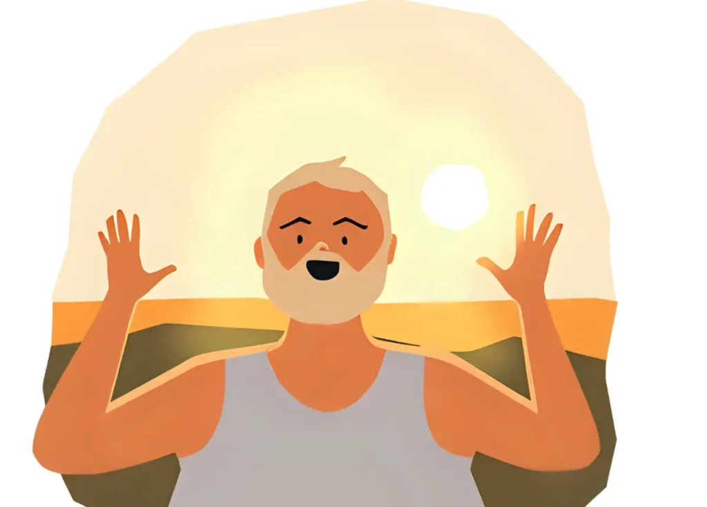60代の骨を守る生活習慣を実施するため朝起きて日に当たっている60代男性