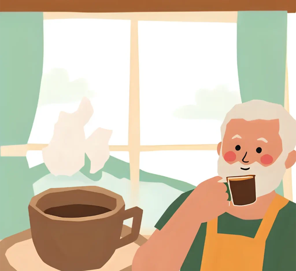 自分で作った陶芸作品のコーヒーカップでコーヒーをうれしそうに飲んでいる60代男性