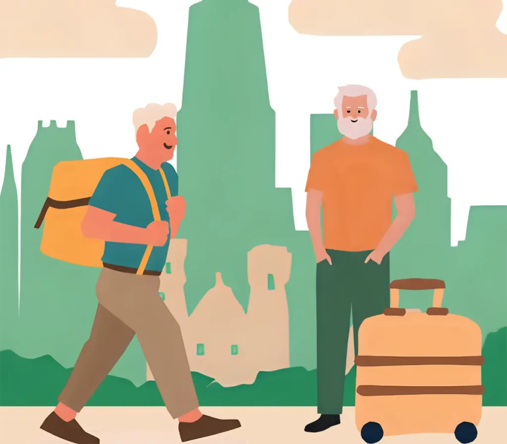 バックパックとキャリーケースで小旅行してる60代男性たち
