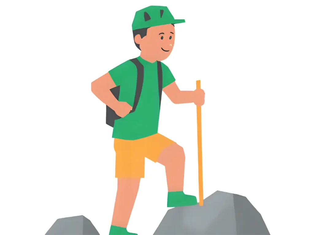 安全装備で登山をする60代男性