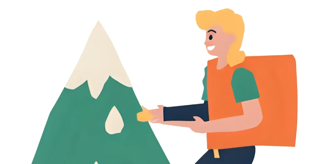 行動をチェックしながら慎重に山を登る60代女性