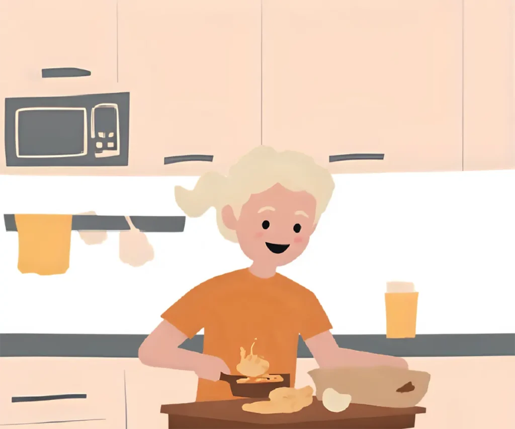 火災が起きないようなキッチンで、楽しく料理をしている60代女性