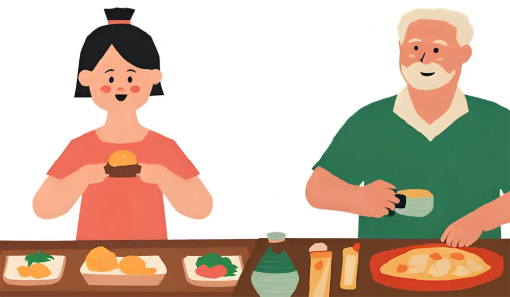 郷土料理を楽しんでいる60代の人たち