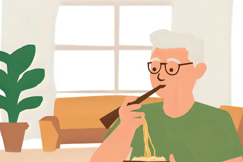 夏になって、冷たい麺類ばかりを食べて栄養のバランスが崩れている60代男性