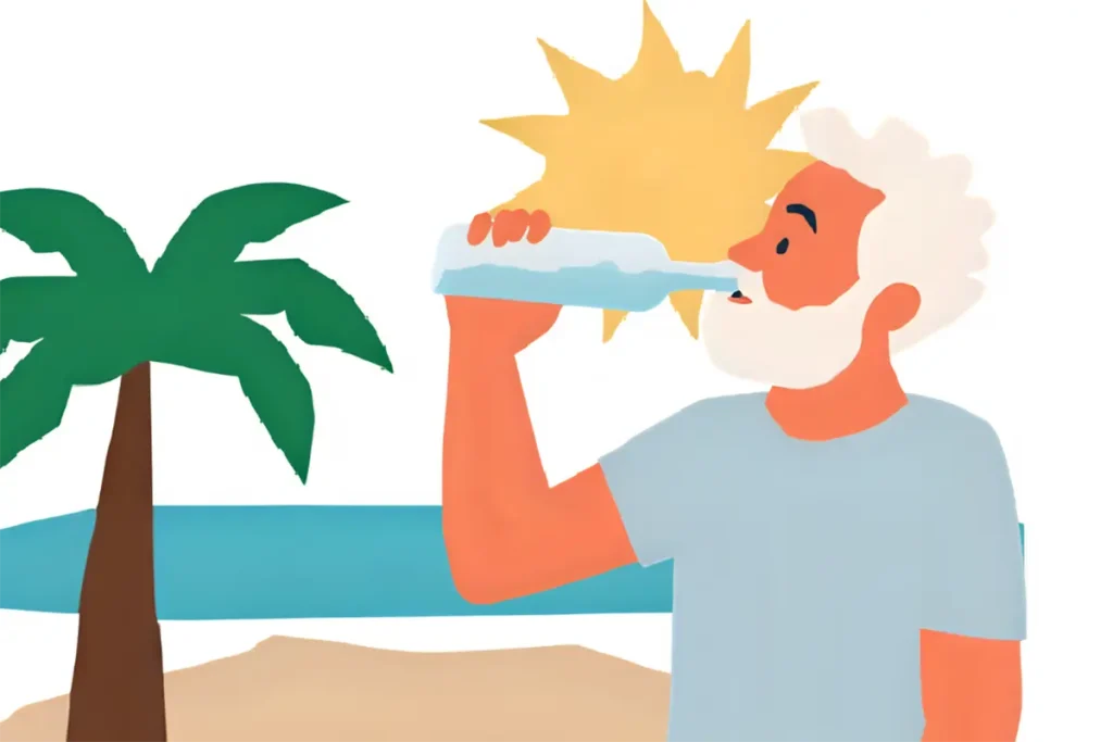 夏バテにならないようにガンガン水分補給をしている60代男性