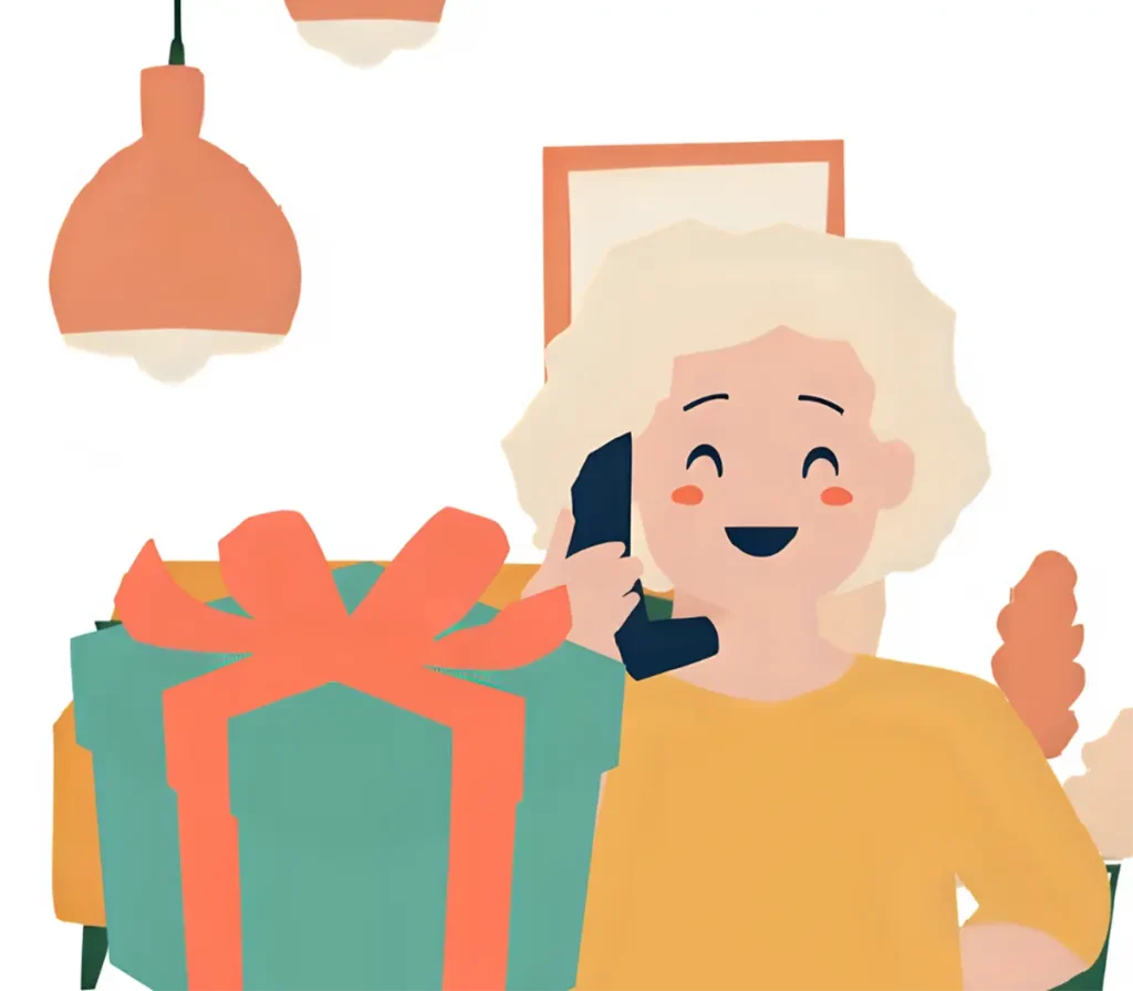 離れたところに住む子供から誕生日プレゼントが届いてお礼の電話をしている60代女性