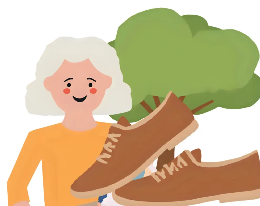 誕生日プレゼントにウォーキングシューズをもらってうれしく思っている60代女性