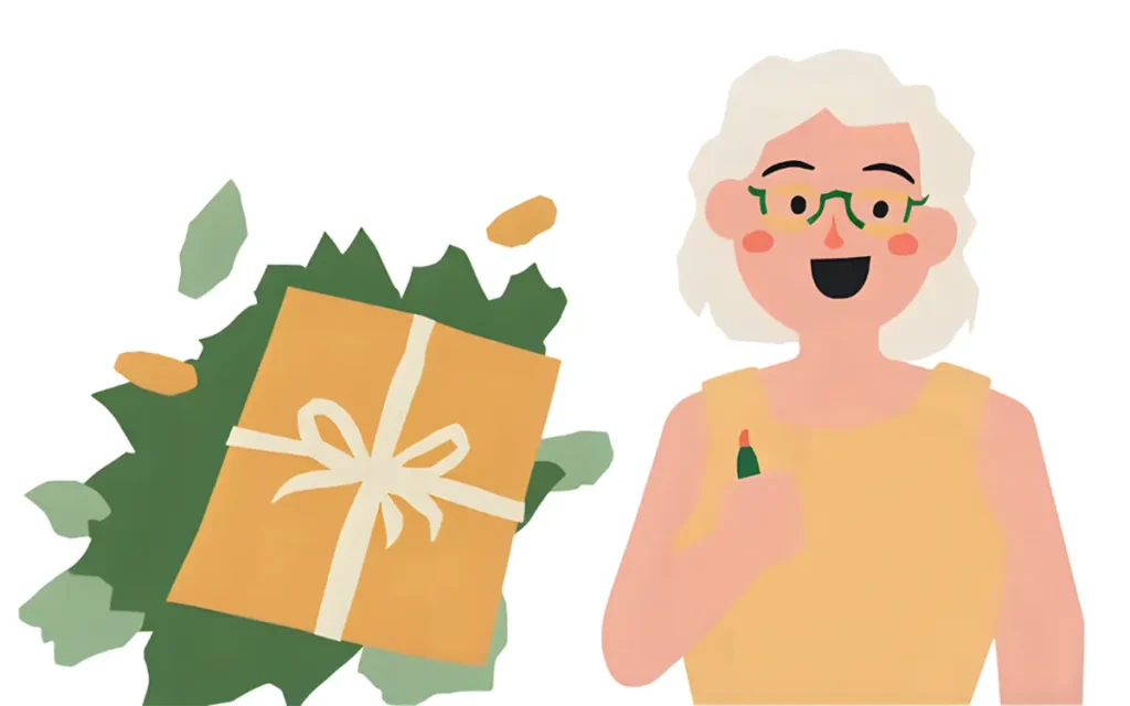 60代の誕生日に誕生日プレゼントをもらっている女性