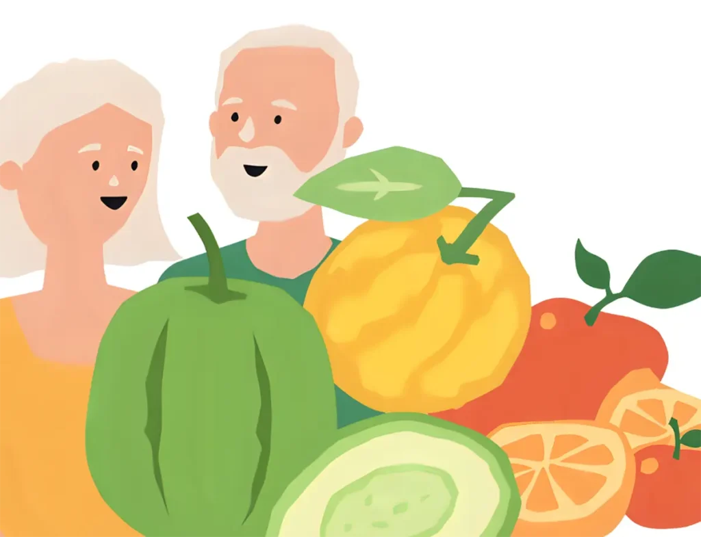 誕生日に高級フルーツの盛り合わせをもらってうれしそうにしている60代夫婦