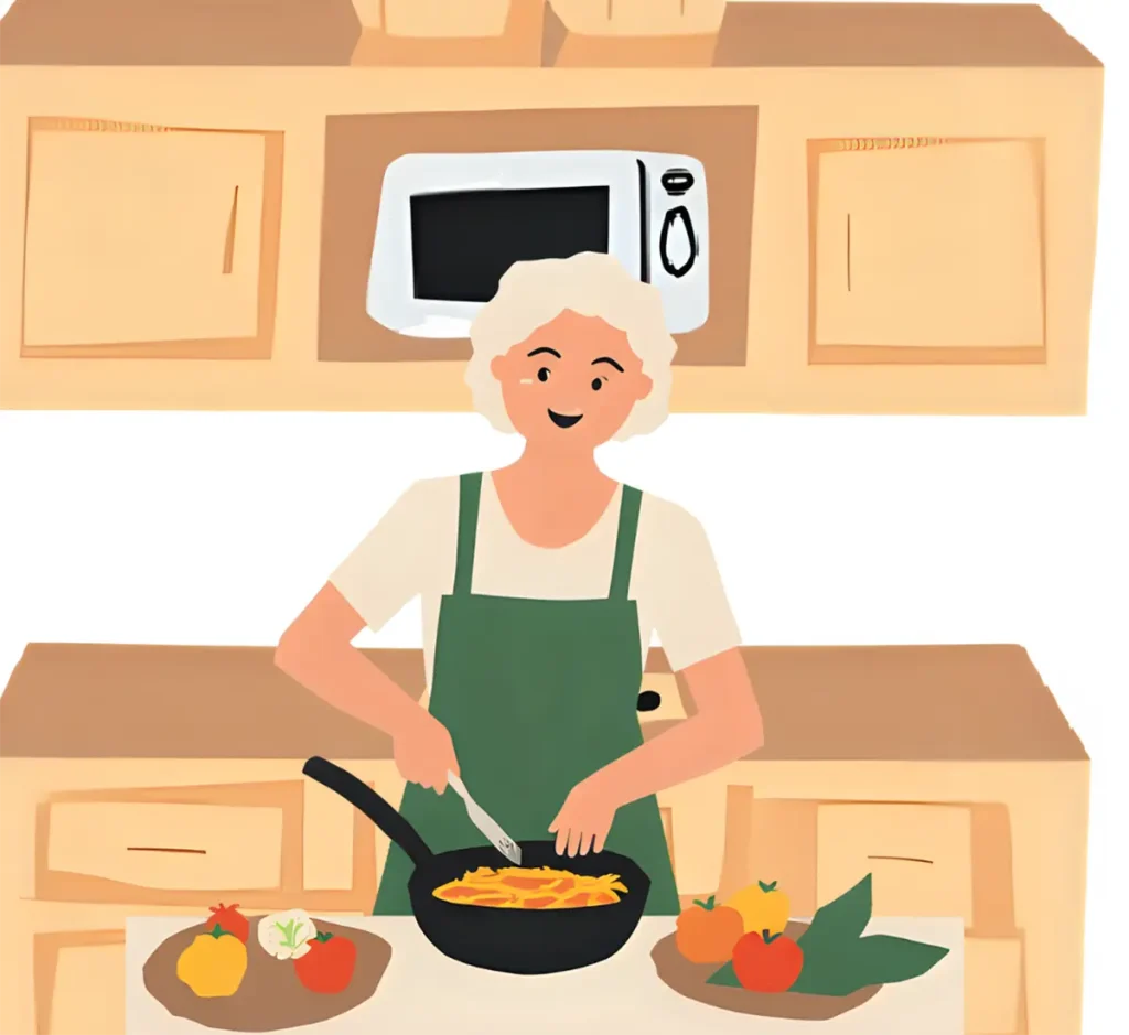 野菜炒めを作っている60代女性