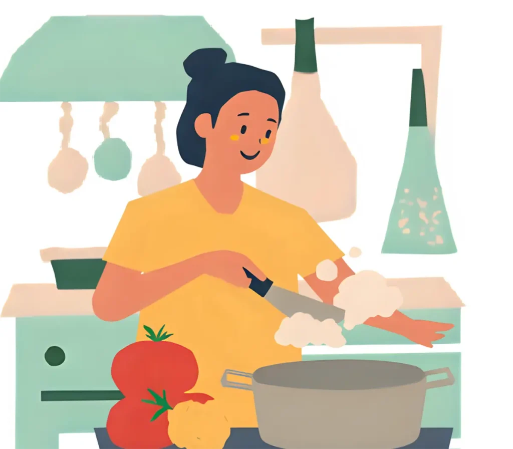 野菜の蒸し料理を作っている女性