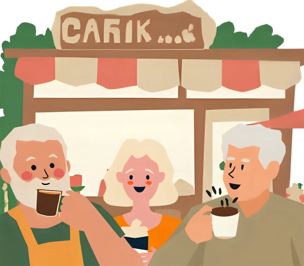 アウトドアの中まで集まってコーヒーを飲んでいるところ
