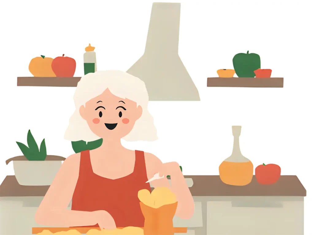 料理をしながら、ポテトチップスばかりを食べているシニア女性