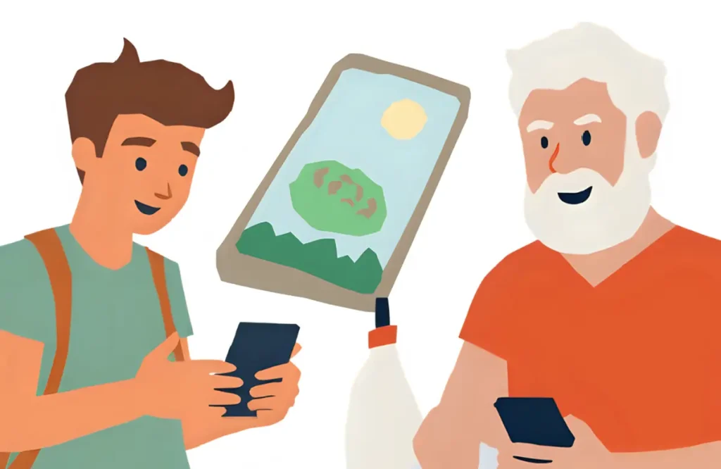 孫と一緒にデジタルスタンプラリーを楽しんでいるシニア男性