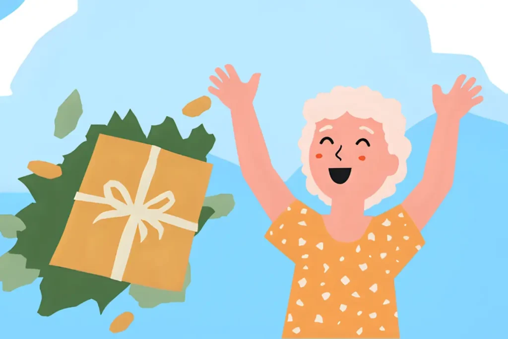 スタンプラリーで景品がもらえて喜んでいる60代女性