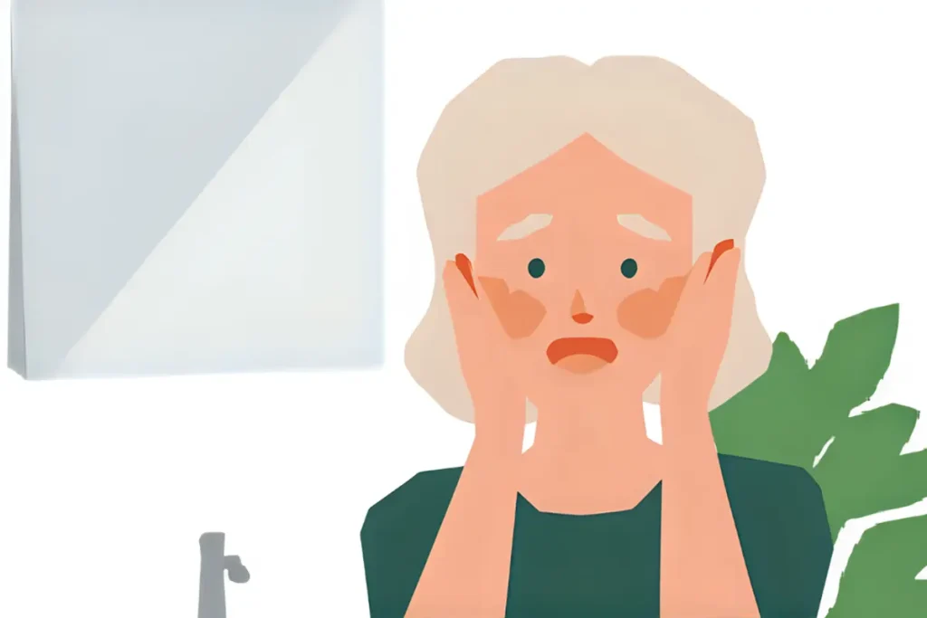 表情筋の衰えが招くたるみを優しくエクササイズしている60代女性