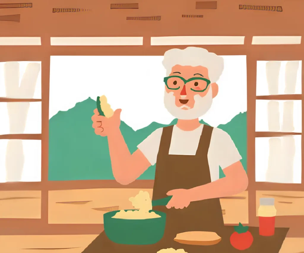 楽しそうに料理をしているシニア男性