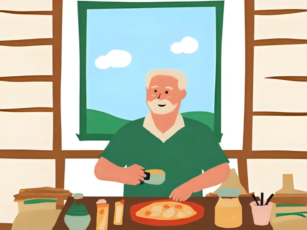 自分で作った男料理を、美味しそうに食べているシ取っておいてあとで拡大してニア男性