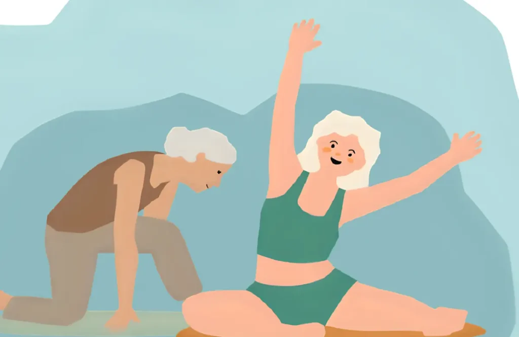 ヨガ教室で、仲間と交流する時間を増やしている60代女性たち甘すぎるね駄目だ自分で誤るきっともっとカンカン