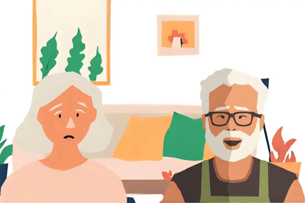 夫婦喧嘩の後、気まずい沈黙が流れている様子