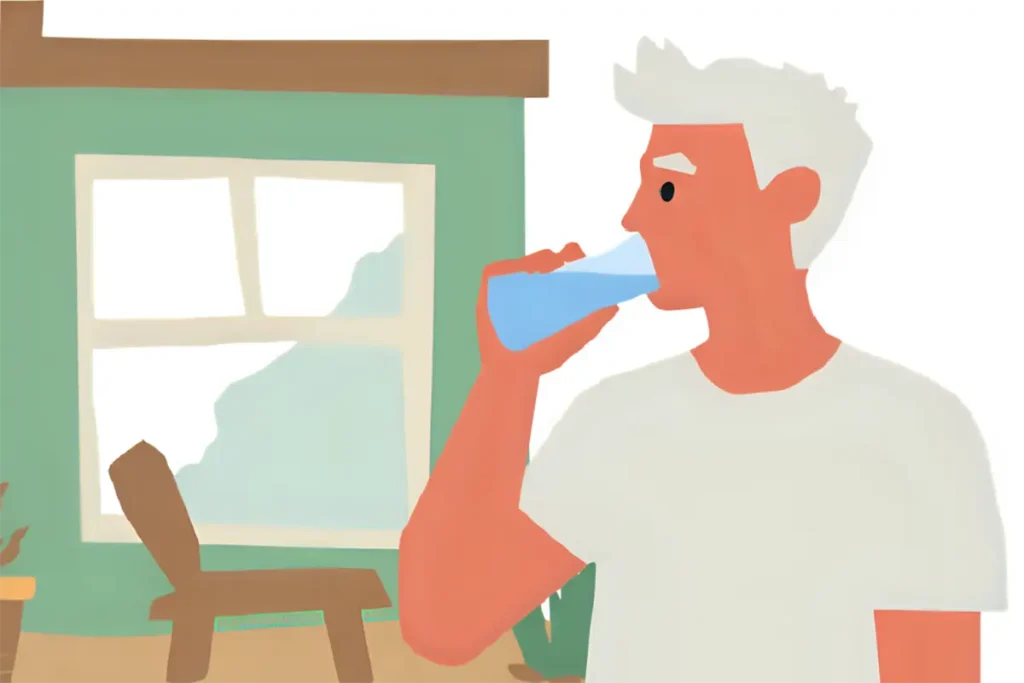 健康のために、お風呂上りに炭酸水を飲んでいるシニア男性